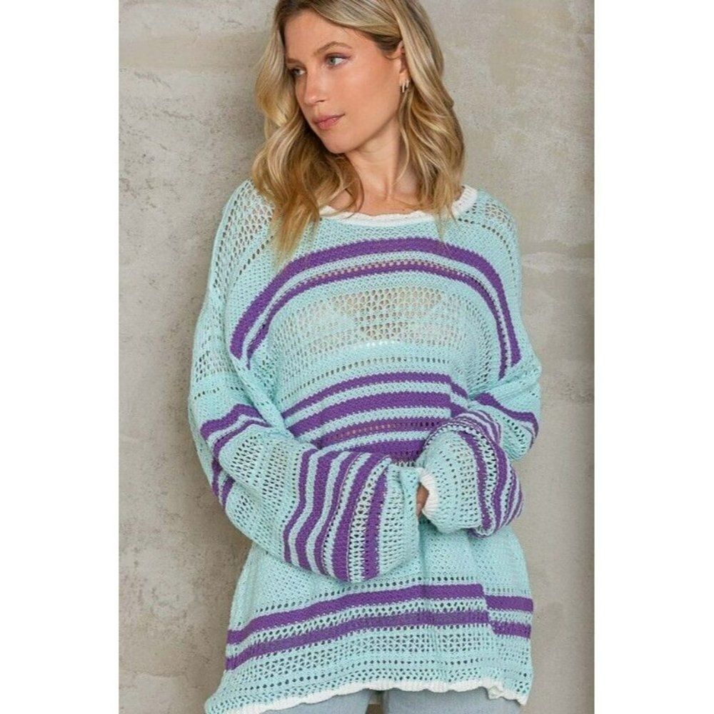POL Blueberry Dream Oversized Striped Pullover Thin Sweater in Sky Blue YST301